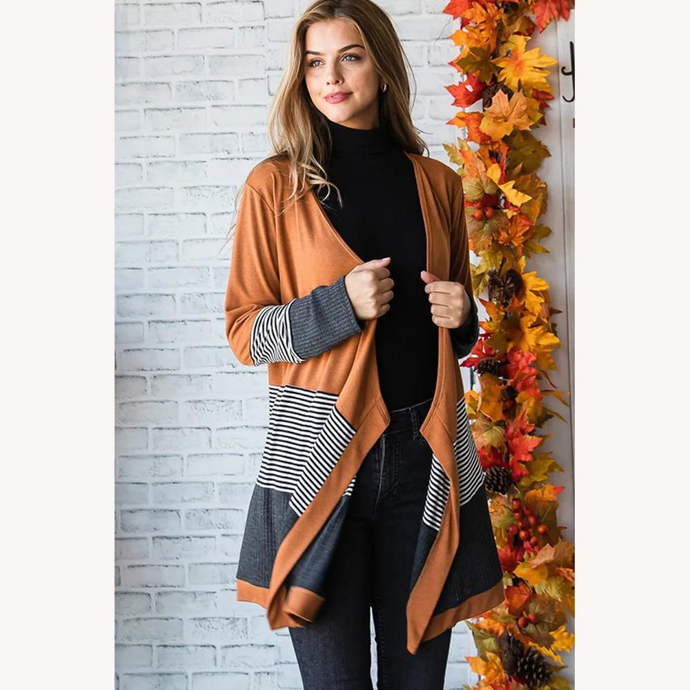 Cardigan Femme Colorblock à Rayures – Ouverture Fluide, Mi-Cuisse, Confortable et Décontracté, Orange et Noir