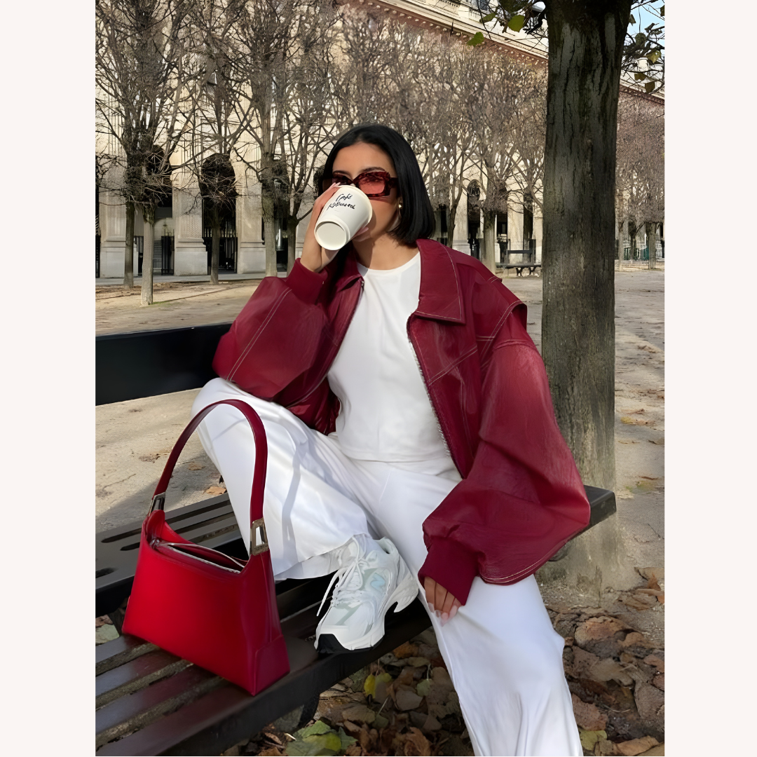 Women's Oversized Bomber Jacket Red Size M Vegan Faux Leather