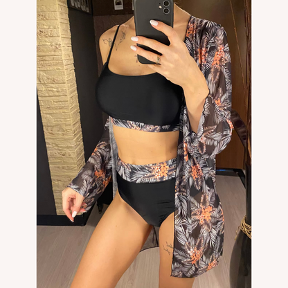 Women's Three-Piece High-Waisted Swimsuit with Long-Sleeve Blouse – Boho Chic Floral Style