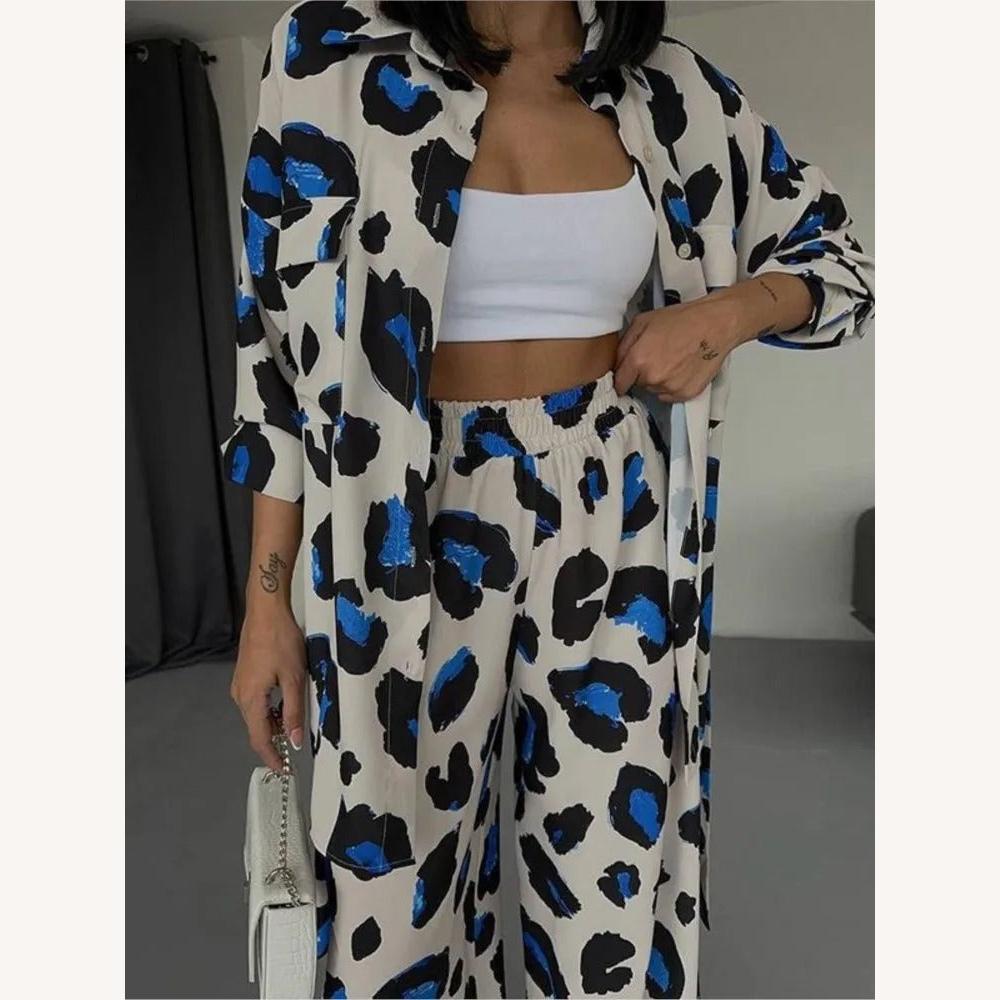 Women's Leopard Print Blue Suit Set – Loose Shirt and Comfortable Wide Pants