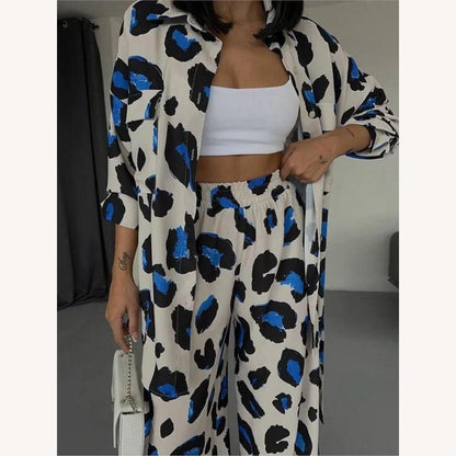 Women's Leopard Print Blue Suit Set – Loose Shirt and Comfortable Wide Pants