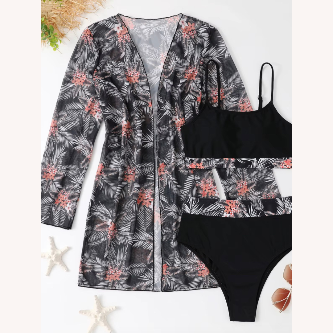 Women's Three-Piece High-Waisted Swimsuit with Long-Sleeve Blouse – Boho Chic Floral Style