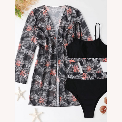 Women's Three-Piece High-Waisted Swimsuit with Long-Sleeve Blouse – Boho Chic Floral Style