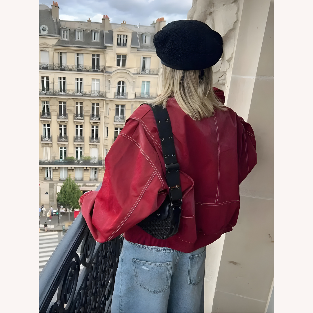 Women's Oversized Bomber Jacket Red Size M Vegan Faux Leather