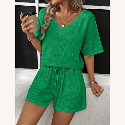 Women's Summer Set in Lightweight Cotton with V-Neck Top and Elastic Shorts – Comfort and Casual Style