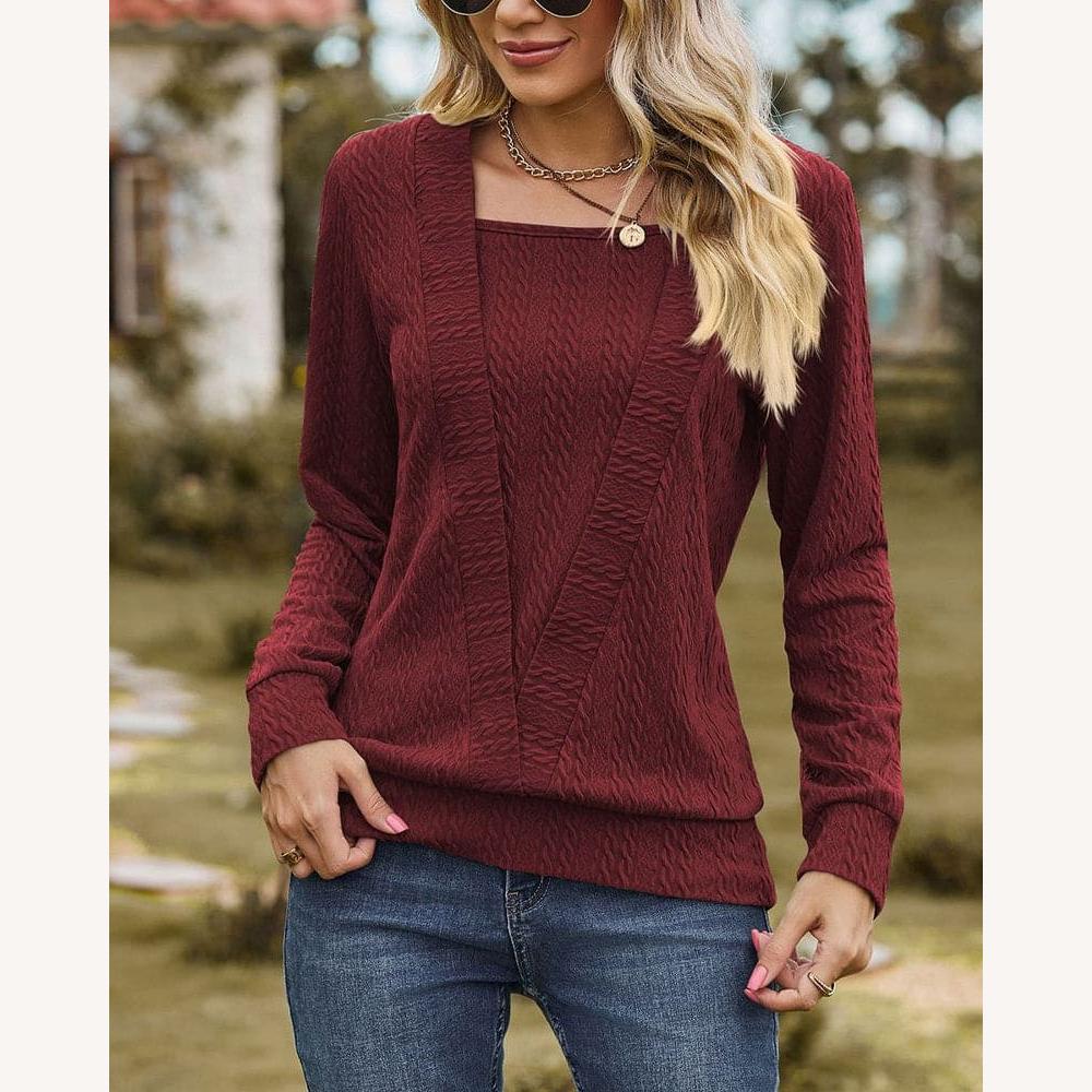 Pull Femme Tricoté Texturé avec Col Carré et Manches Longues – Chic et Confortable pour un Style Décontracté