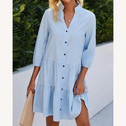 Women's Summer Dress A-Line Cotton with V-Neck and Checkered Pattern – Elegant and Chic