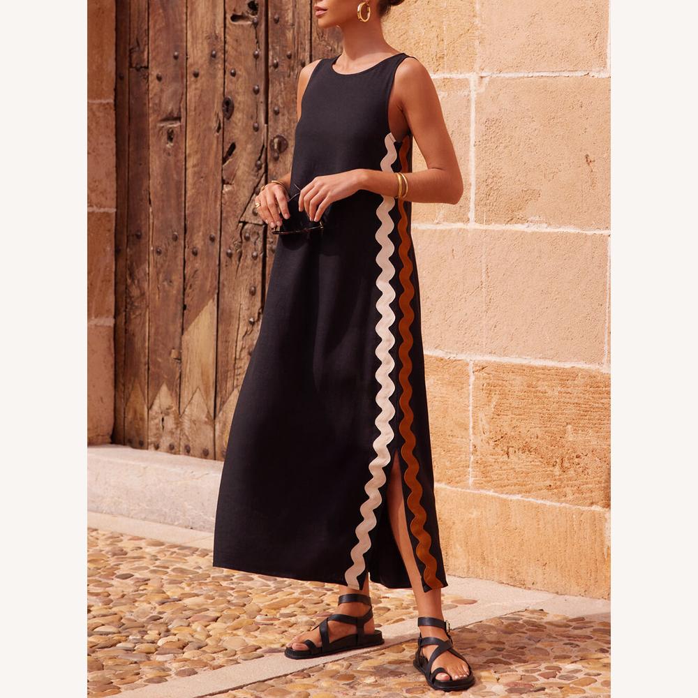 Robe Longue Femme Rayée Sans Manches Ample avec Fente Latérale – Confortable et Élégante pour le Printemps et l'Été
