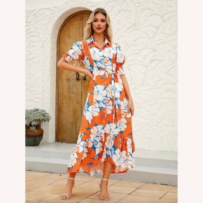 Long Women's Dress Floral Print Buttoned with Belt – Summer Elegance in Polyester