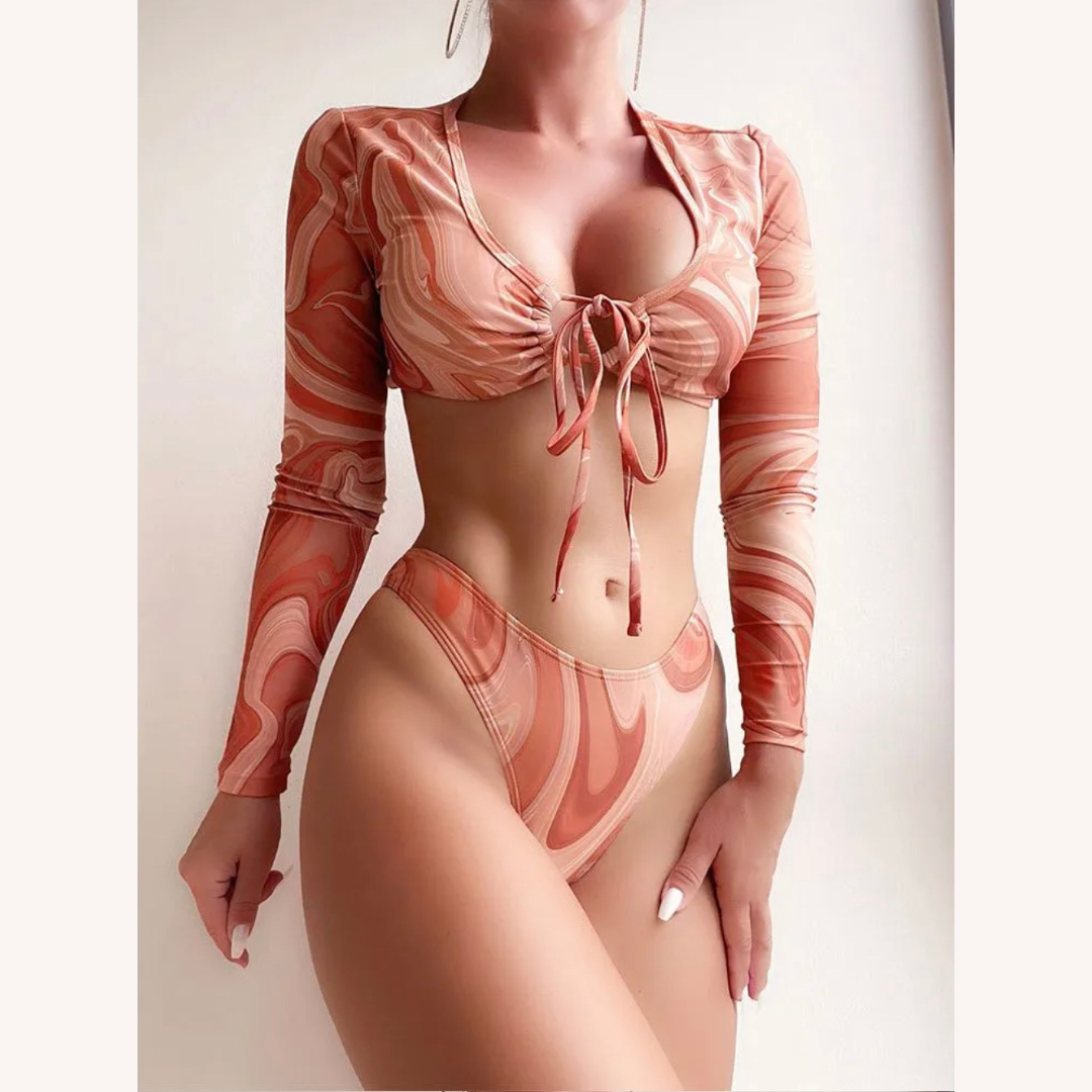 Long Sleeve Printed Tied Swirl Beach Bikini for Women – Chic Two-Piece Boho Swimsuit