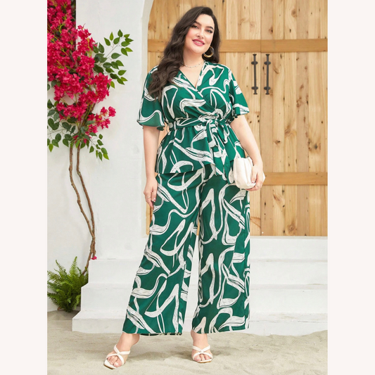 Women's Two-Piece Set Abstract Green Print – Fitted Top and Wide Leg Pants Plus Size, Comfort and Elegance