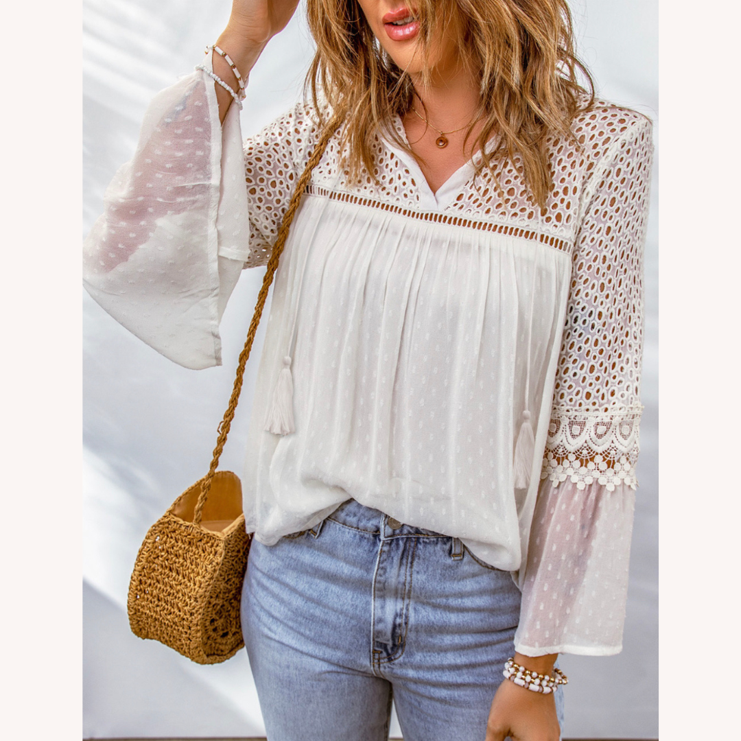 Blouse Femme en Crochet Boho Chic - Tissu Léger et Confortable pour l'Été, Coupe Décontractée, Disponible en S à XL