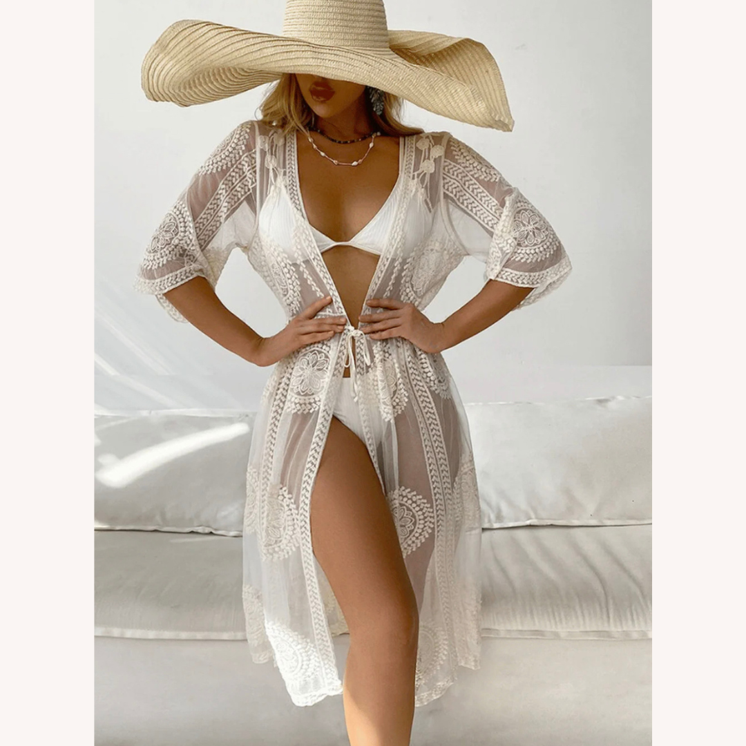 Boho Floral Beach Cover-Up with Long Sleeves in Lightweight Fabric – Loose Fit for Women