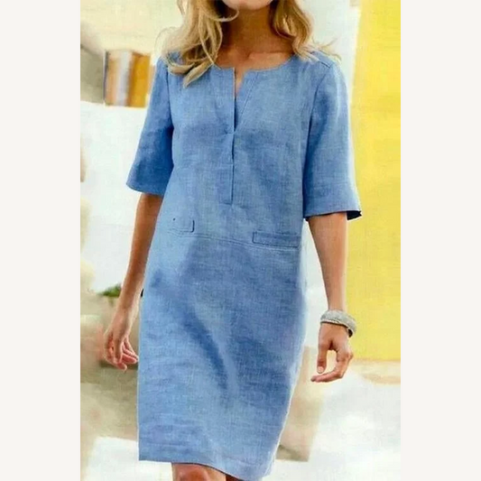 Women's Straight Dress with Short Sleeves in Polyester – Elegant and Comfortable for Hot Days