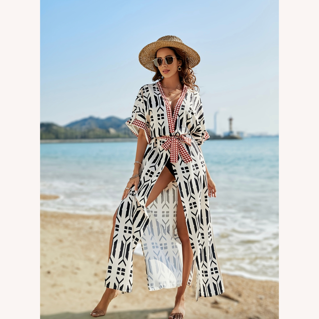 Cardigan de Plage Imprimé Boho avec Détail Ceinturé – Élégance d'Été pour Femme, Manches 1/2, Polyester Léger