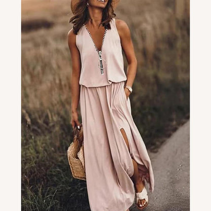 Women's Long Maxi Cotton Dress with V-Neck and Slit Detail – Elegant Black Summer Dress