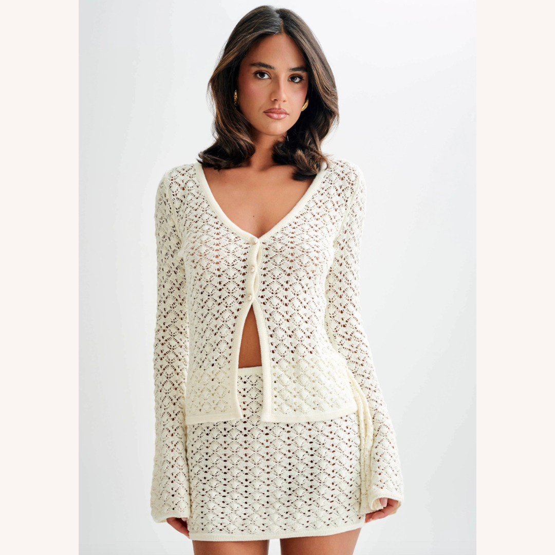 Women's Boho Chic Crochet Set - V-Neck Cardigan and Matching Mini Skirt in Breathable Cotton