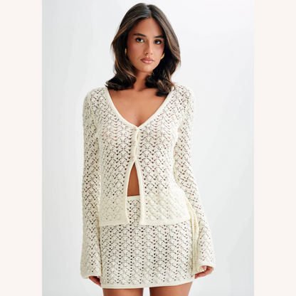 Women's Boho Chic Crochet Set - V-Neck Cardigan and Matching Mini Skirt in Breathable Cotton