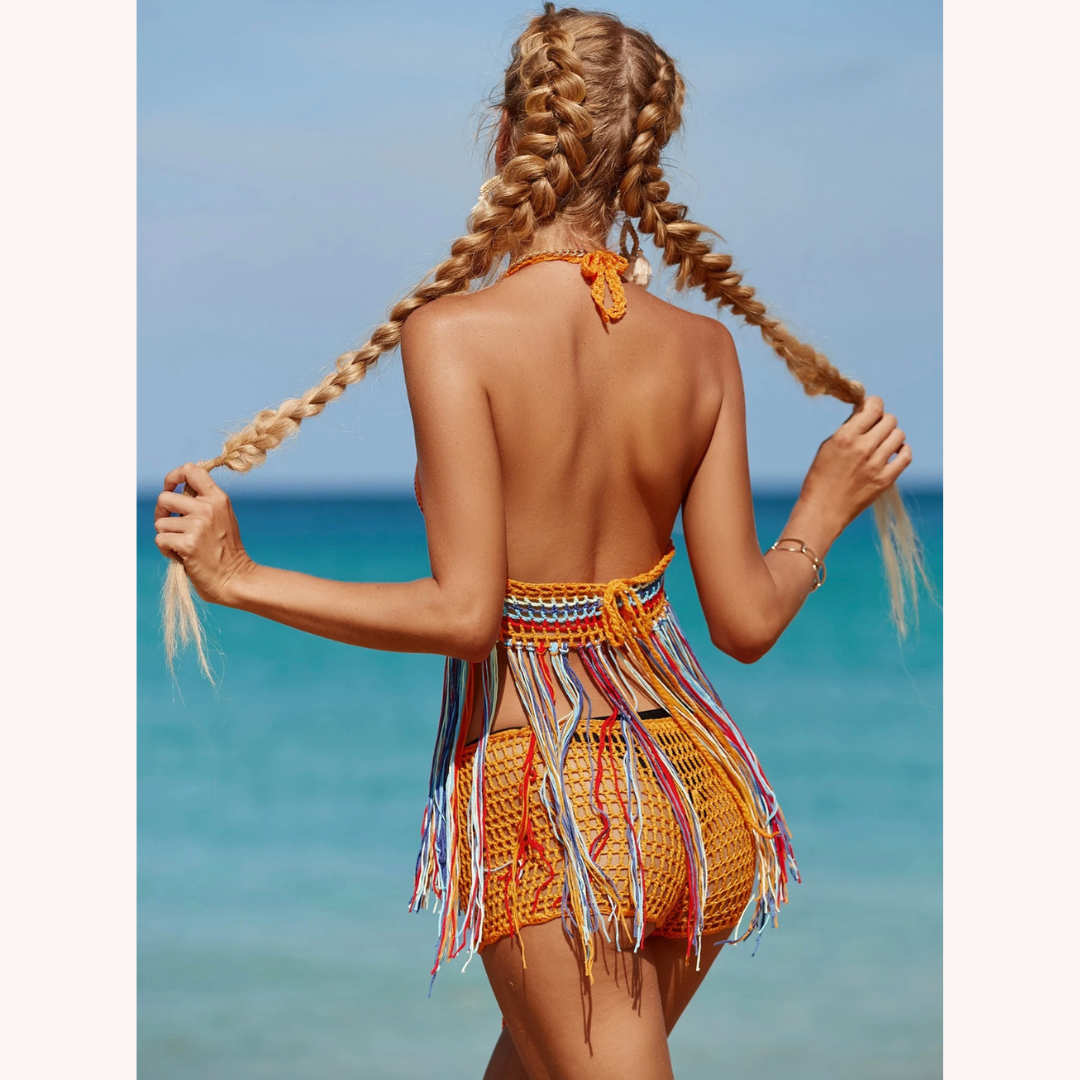 Haut de Maillot de Bain à Crochet Multicolore avec Détails en Gland – Style Élégant et Ajustement Slim pour Femme