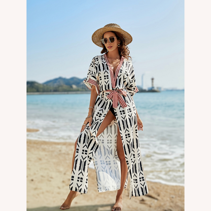 Boho Printed Beach Cardigan with Belted Detail – Summer Elegance for Women, 1/2 Sleeves, Lightweight Polyester