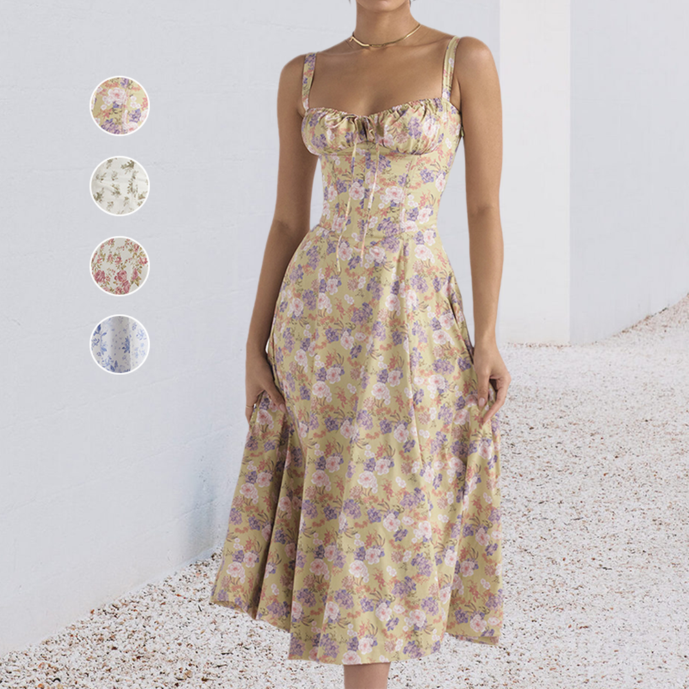 Chic Women's Summer Dress with Corset Details and Side Slit - Colorful Print, Soft Polyester