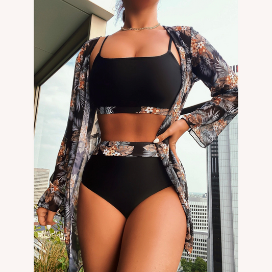 Women's Three-Piece High-Waisted Swimsuit with Long-Sleeve Blouse – Boho Chic Floral Style