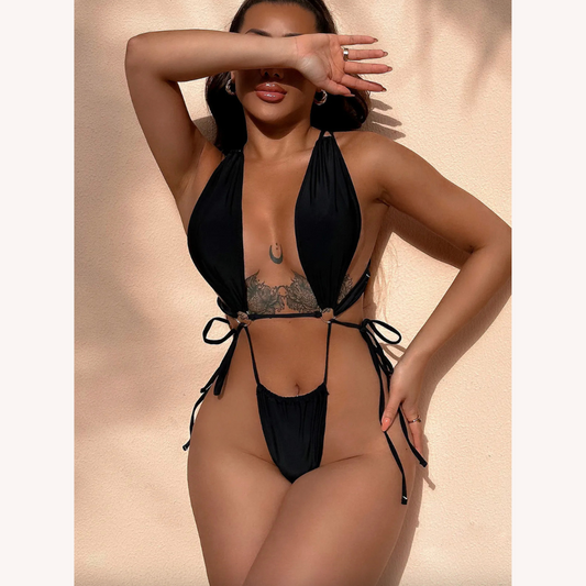 Women's One-Piece Swimsuit with Ring – Boho Style with Cutout and Crossed Back, Optimal Comfort for Beach and Pool