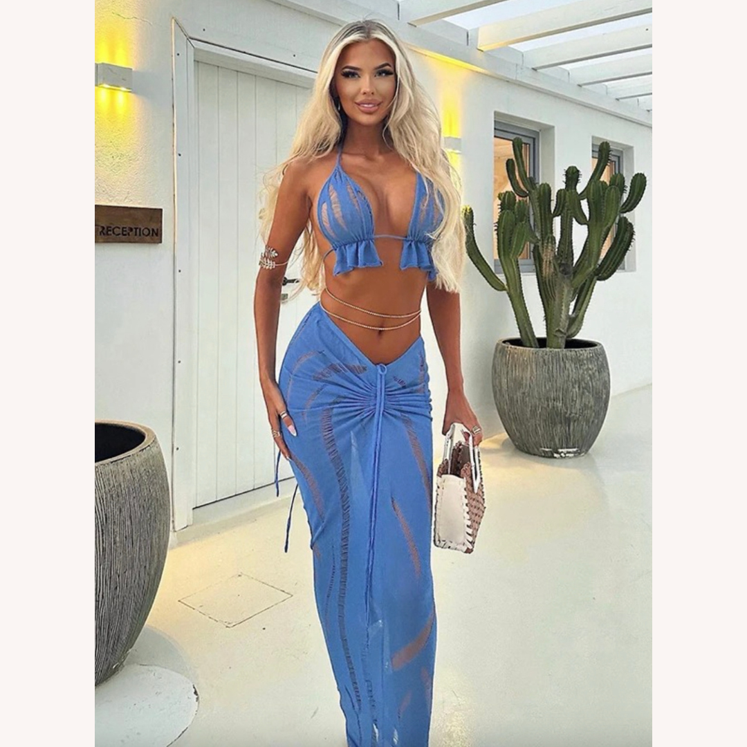 Ensemble Sexy à Lacets Sans Dos avec Détails à Volants pour Femme – Décolleté Licou, Ajustement Slim, Parfait pour l'Été