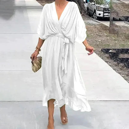 Long Chic Women's Summer Dress with Belt and Asymmetric Hem in Lightweight Fabric