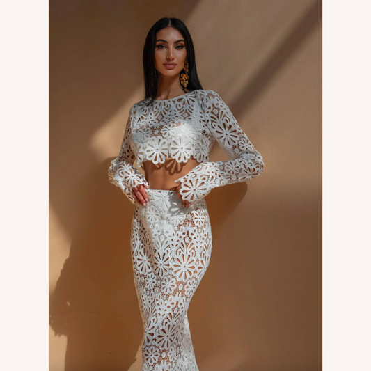 White Crochet Lace Set for Women – Long Sleeve Crop Top and Boho Chic Maxi Skirt