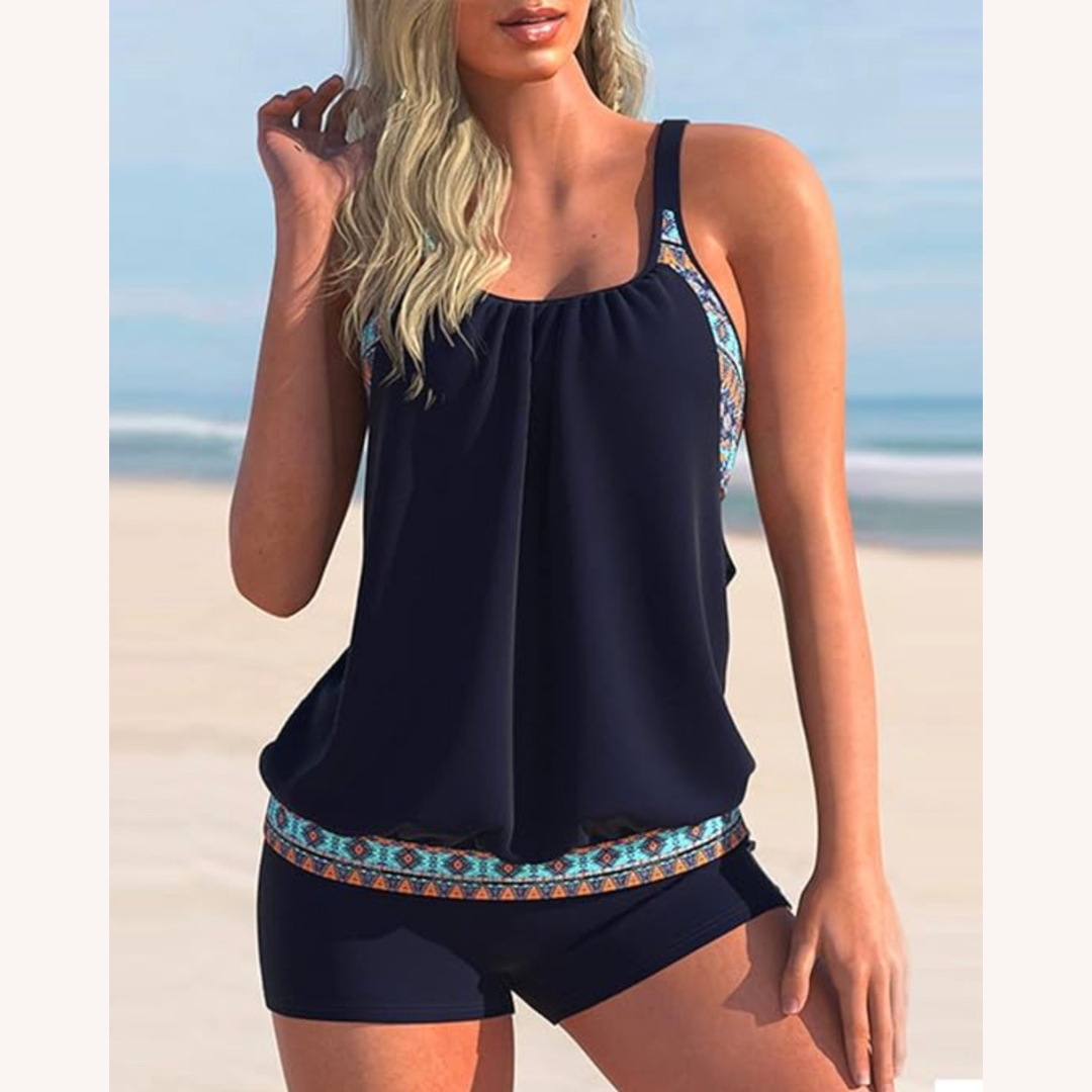 Tankini Femme Moderne Deux-Tons avec Motif Floral et Imprimé Léopard – Maillot de Bain Confortable et Élégant