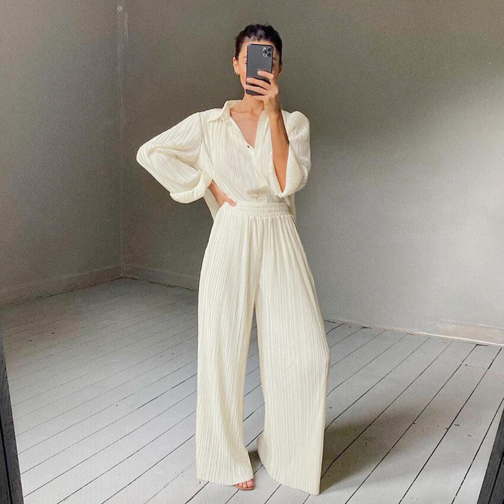 Ensemble Tailleur Femme Chic avec Blouse Légère et Pantalon Taille Haute – Élégant et Confortable