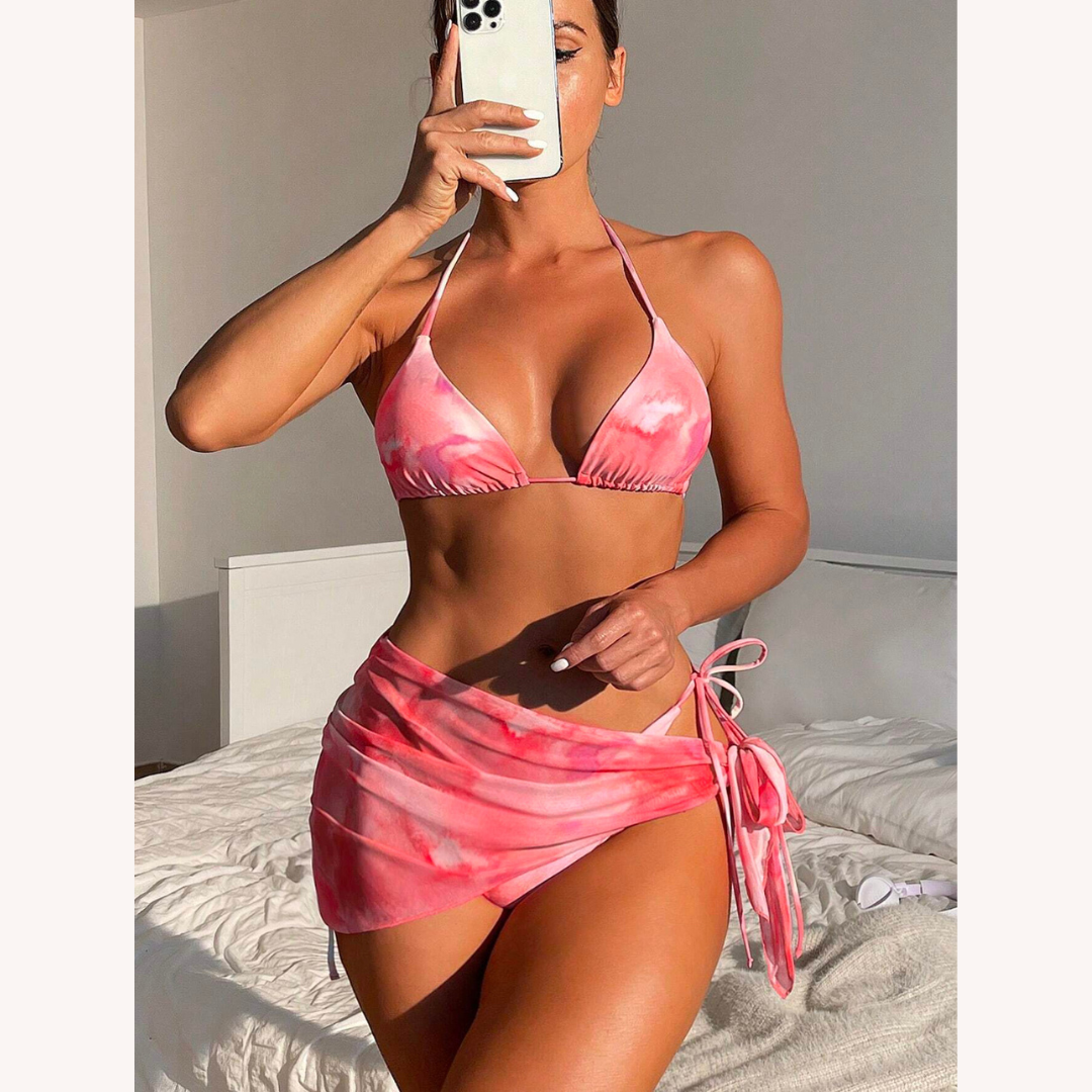 Ensemble de Maillot de Bain Femme Boho Tie-Dye en Trois Pièces avec Jupe Assortie – Confort Polyester, S, M, L