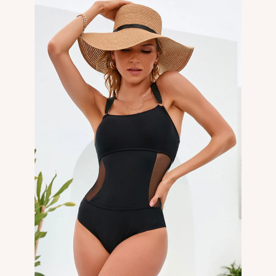 Women's One-Piece Sporty Swimsuit Black Panel with Open Back – Elegance and Confidence for Swimming and Beach