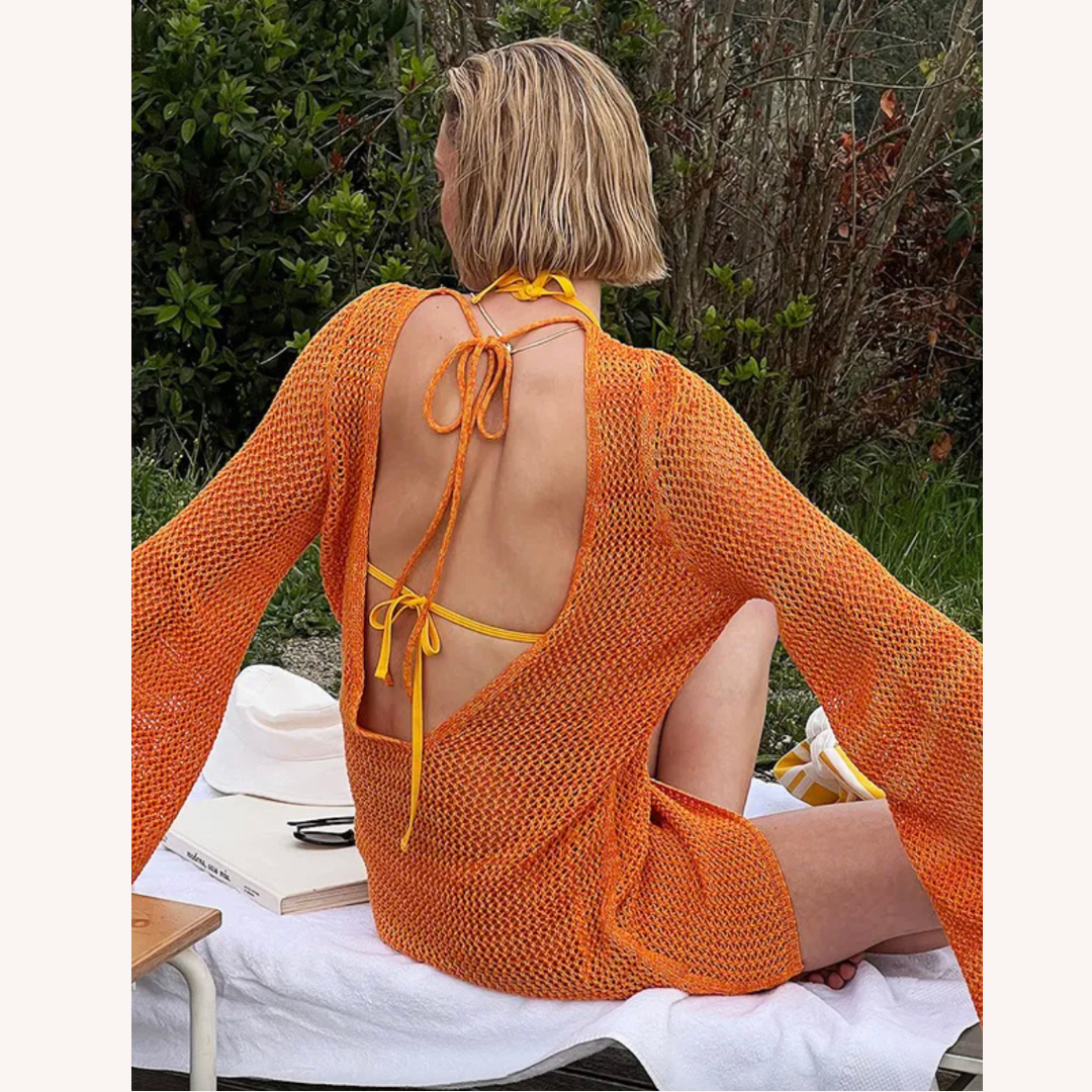 Women's Backless Beach Dress in Polyester Jersey with Wing Sleeves – Boho Elegance for Beach Outfit