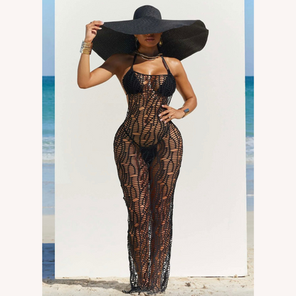 Elegant Long Crochet Dress for Women - Chic Coastal Maxi, Fitted Silhouette for Summer
