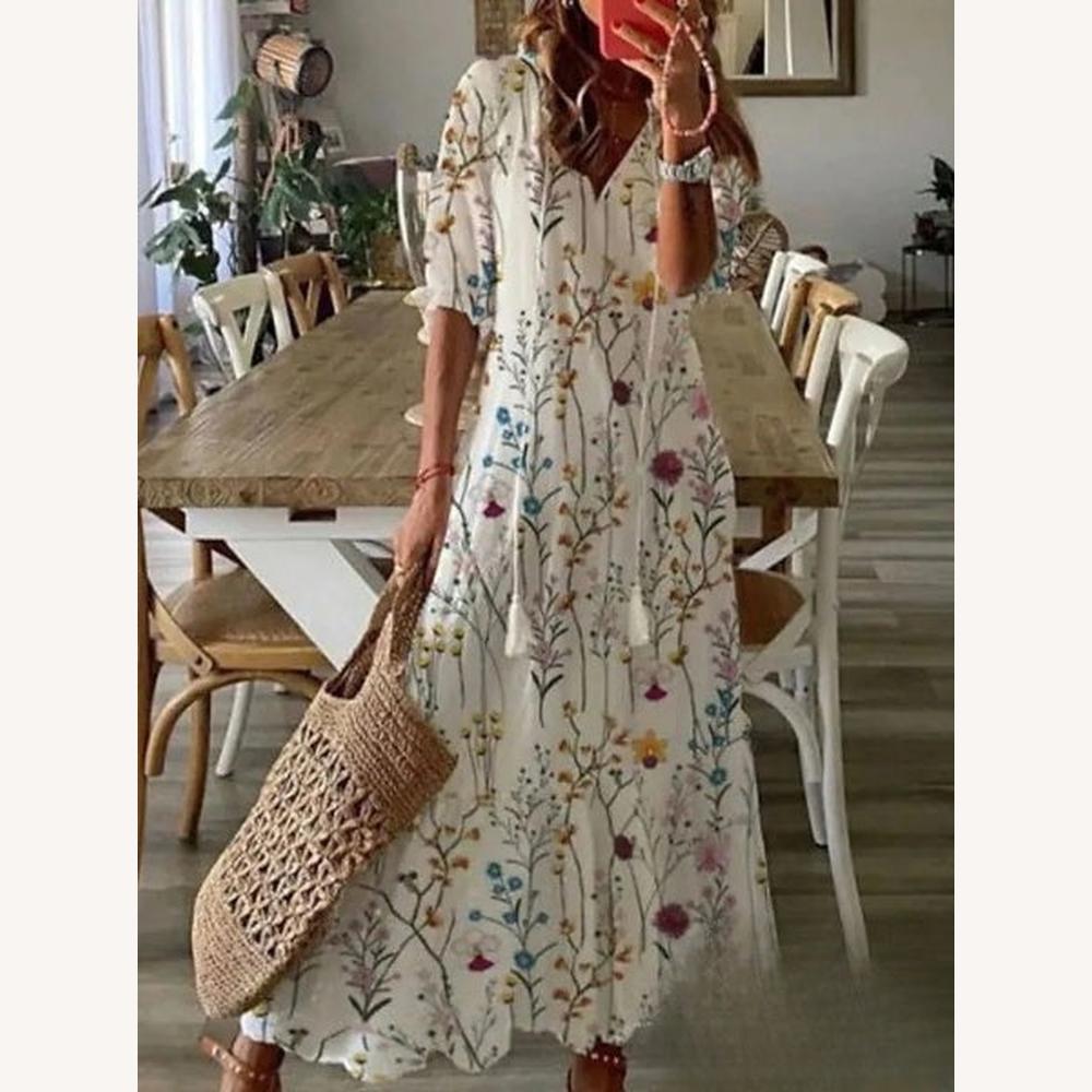 Robe Longue Femme Bohème Colorée avec Encolure en V et Manches Moyennes – Élégance pour Soirées et Occasions Spéciales