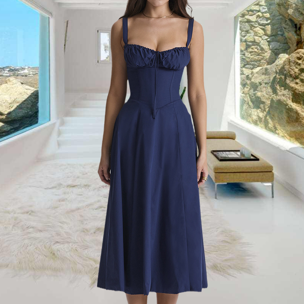 Chic Women's Summer Dress with Corset Details and Side Slit - Colorful Print, Soft Polyester