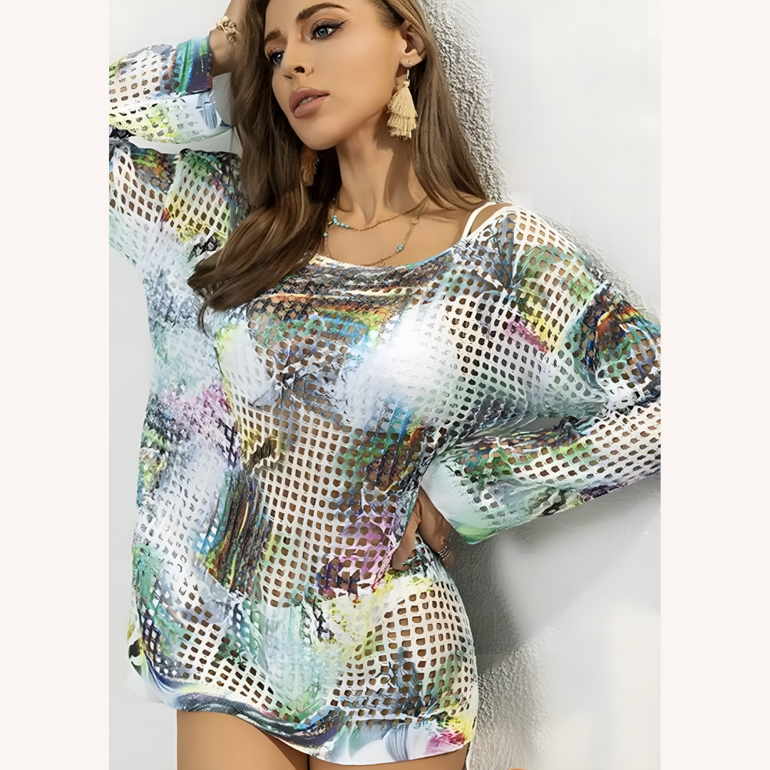 Colored Mesh Beach Cover-Up – Lightweight and Airy Cover for Women, Long Sleeves, Scoop Neck, Mini