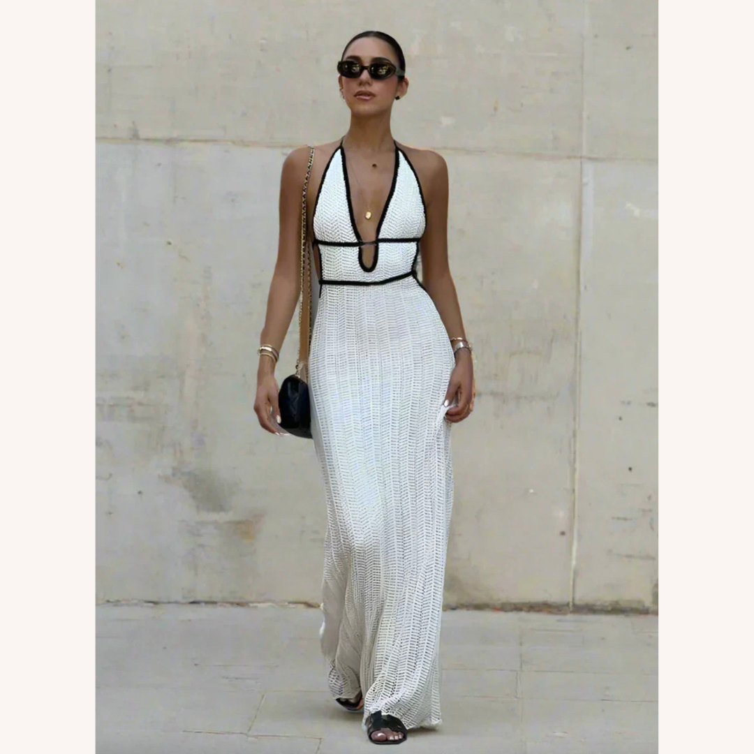 Robe Longue Femme Halter en Crochet Blanc – Élégance Été pour Mariages et Soirées
