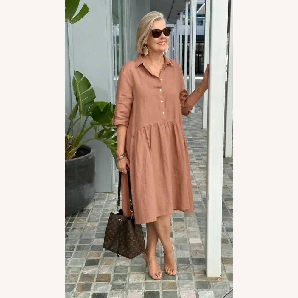 Women's Casual Dress in Linen and Cotton Mid-Length - Comfortable with Pockets, Round Neckline, Multiple Colors