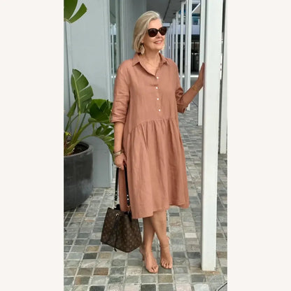 Women's Casual Dress in Linen and Cotton Mid-Length - Comfortable with Pockets, Round Neckline, Multiple Colors