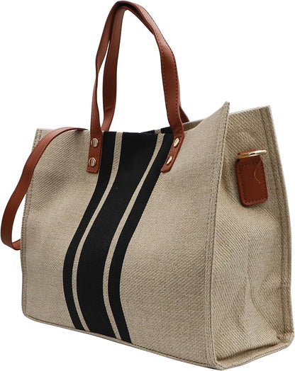 Durable Canvas Tote Bag for Women with Stripes – Large Versatile Handbag for Outings and Daily Use