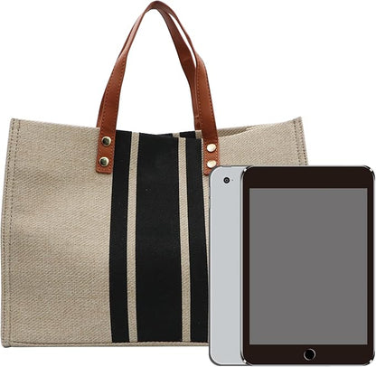 Durable Canvas Tote Bag for Women with Stripes – Large Versatile Handbag for Outings and Daily Use