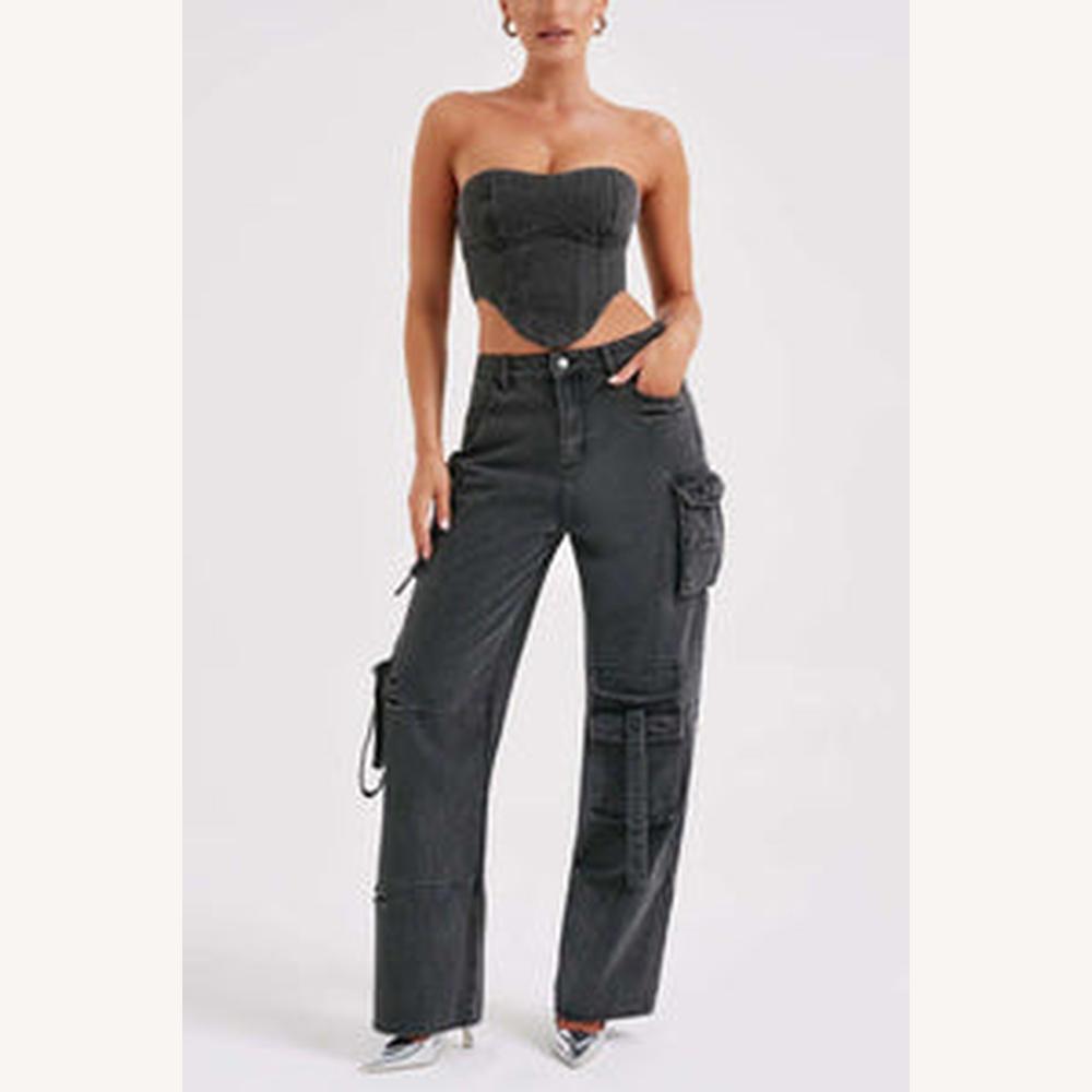 Ensemble Cargo Femme en Denim avec Top Bustier et Pantalon Taille Haute – Style Sport Urbain