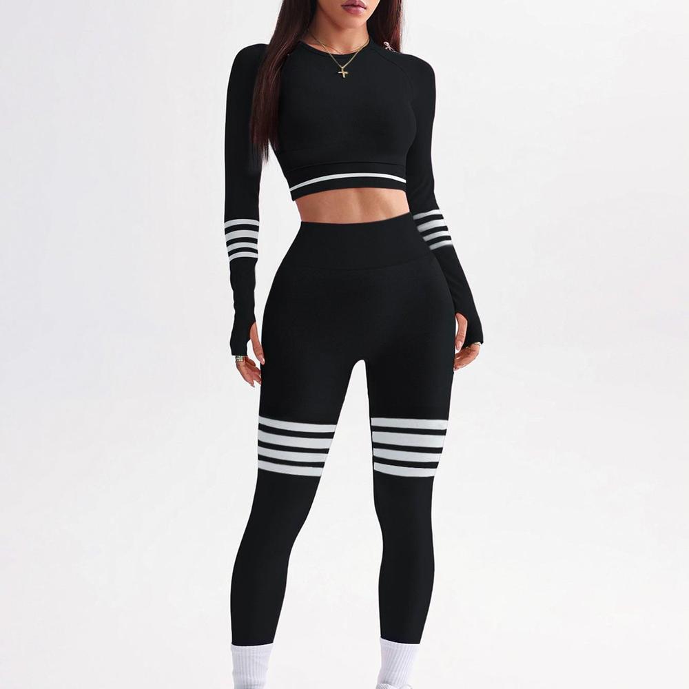 Ensemble de Sport Femme 3 Pièces Taille Haute en Polyester et Spandex – Legging et Crop Top à Manches Longues