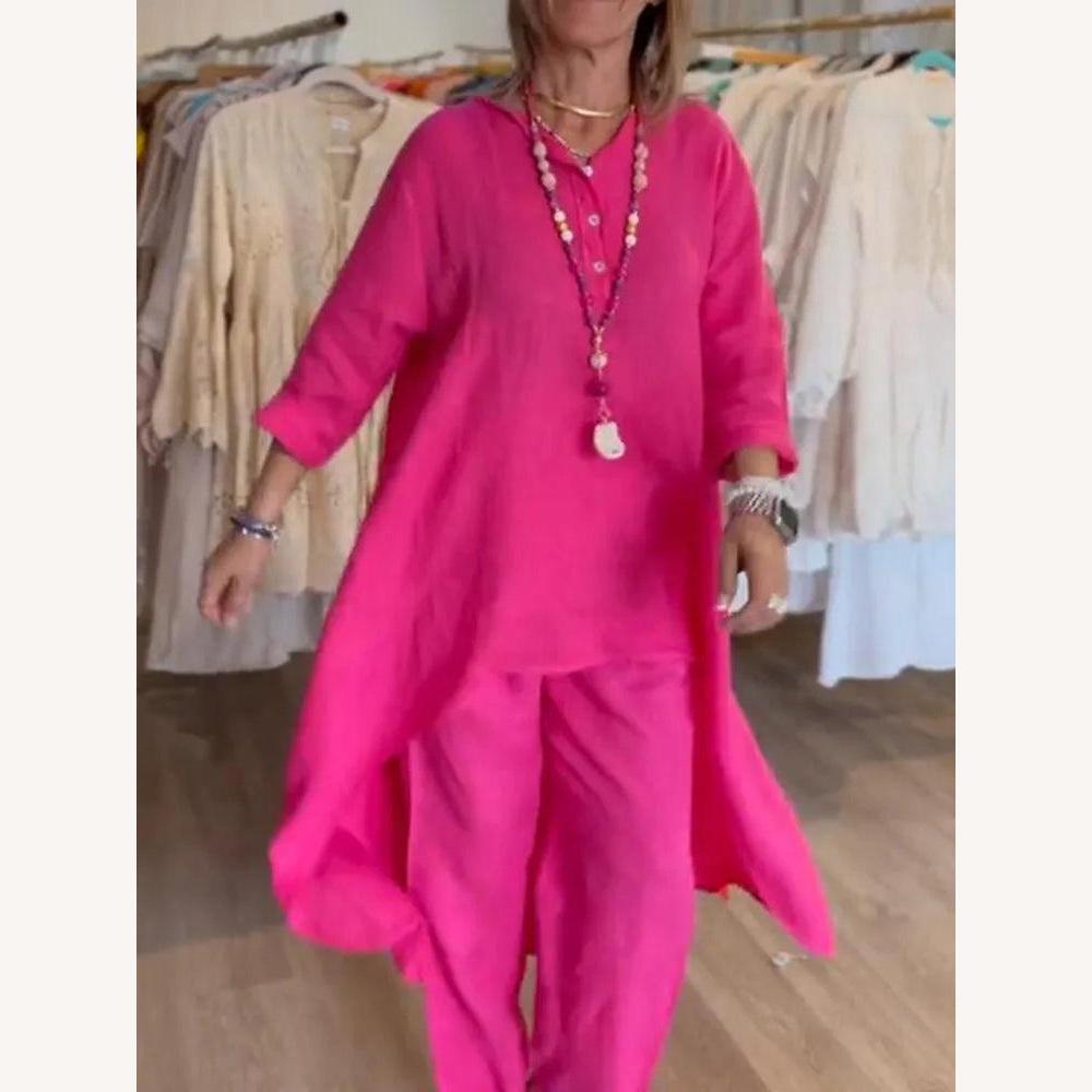 Ensemble Tailleur Femme en Lin Léger avec Tunique Asymétrique et Pantalon Ample – Idéal pour l'Été