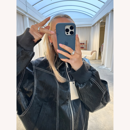 Women's Oversized Bomber Jacket Red Size M Vegan Faux Leather