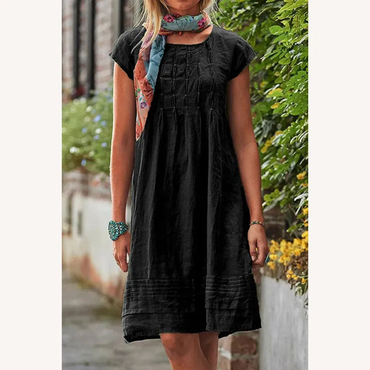 Women's Casual Short Sleeve Solid Patchwork Dress with U-Neckline – Elegant and Comfortable