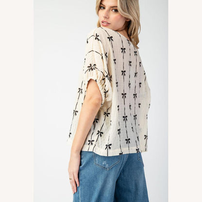 Women's Beige Textured Blouse with Black Bows – Lightweight Cotton Top, Elasticated Sleeves, Casual Style